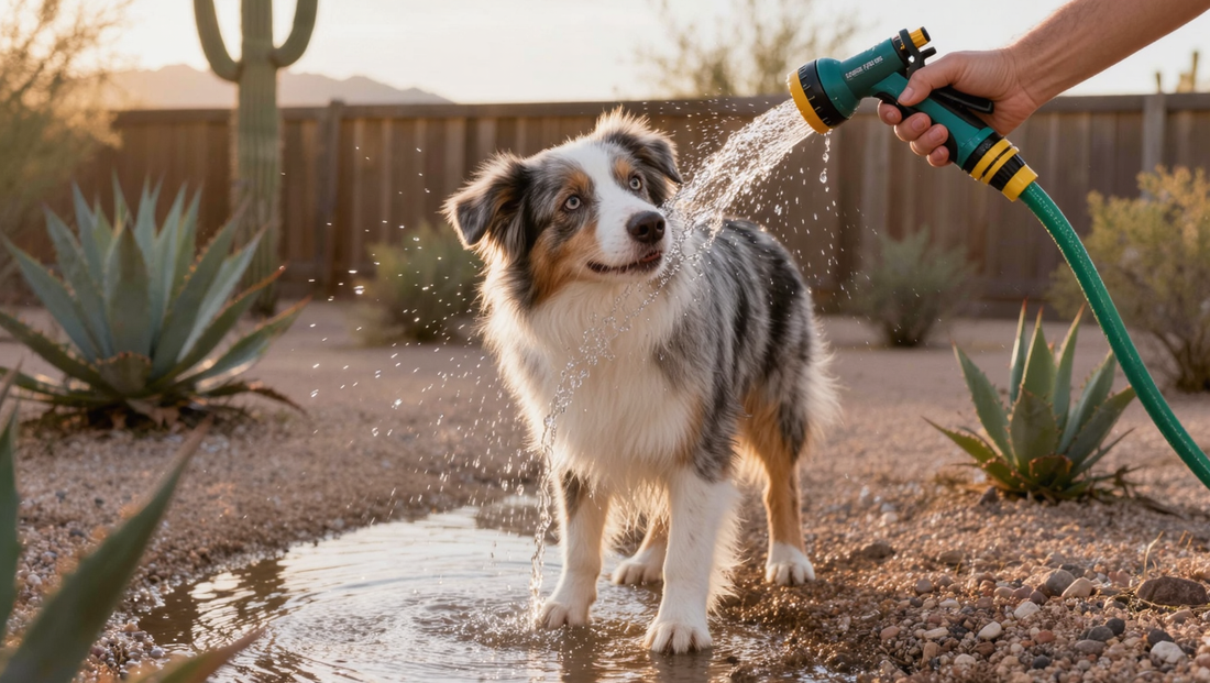 Happy dog drinking from a garden hose in a desert backyard on a hot summer evening