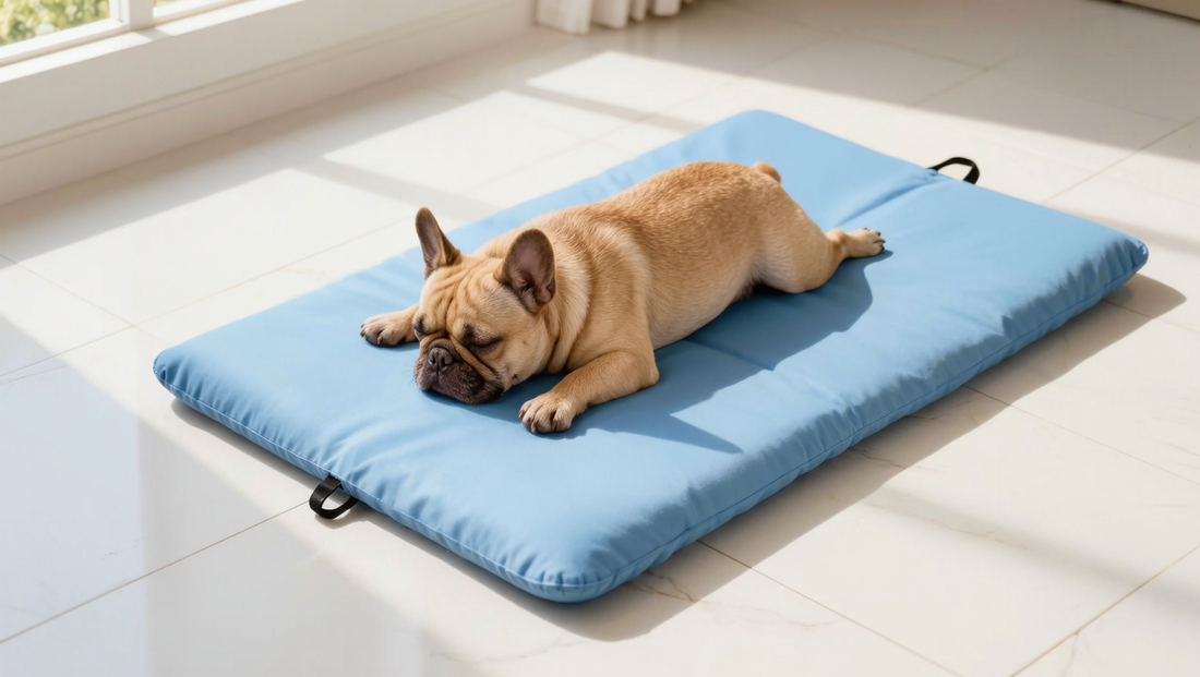 French Bulldog resting on a light blue gel cooling mat on a tile floor