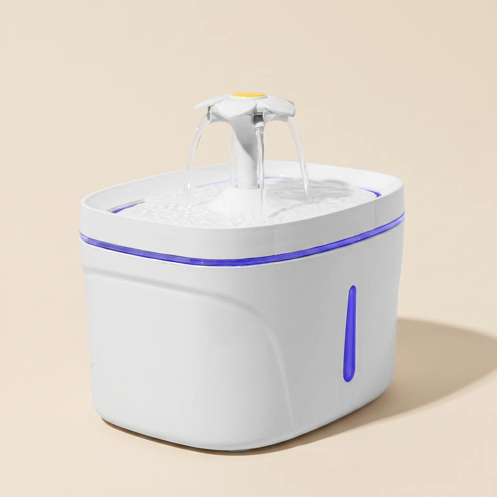 Arroyo filtered pet water fountain on a clean sand studio background