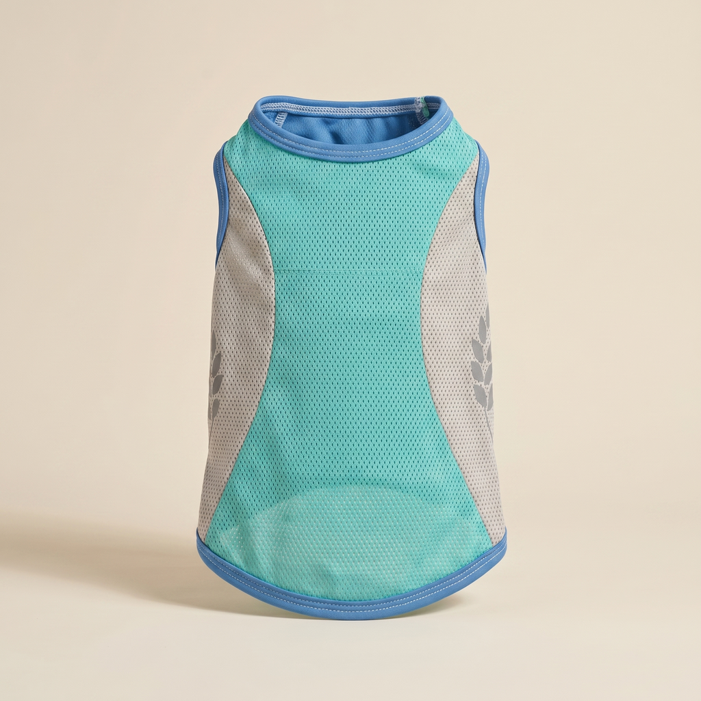 Río Vest evaporative dog cooling vest in teal on a clean sand studio background